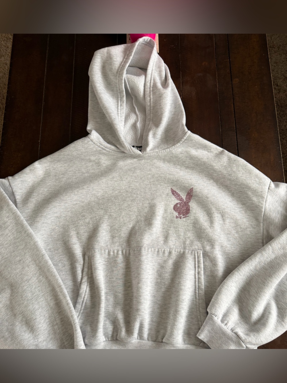 Light Gray Pullover Sweatshirt with Pink Beaded Playboy